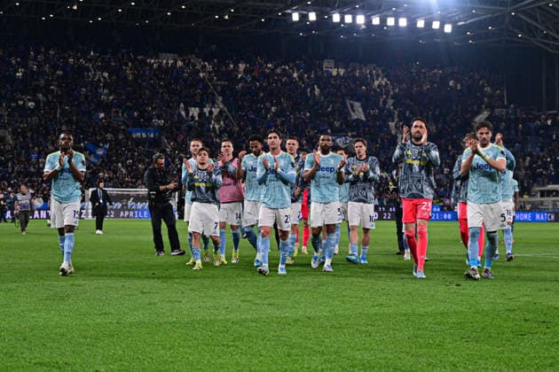 April 11, 2026, Bergamo, Lombardia: Juventus™s players celebrate at the end of the Italian Serie A soccer match Atalanta BC vs FC Juventus at the New Balance Arena in Bergamo, Italy, 11 April 2026..ANSA MICHELE MARAVIGLIA. Serie A: Atalanta - Juventus  - ZUMAa110 20260411_zaf_a110_101 Copyright: xMichelexMaravigliax