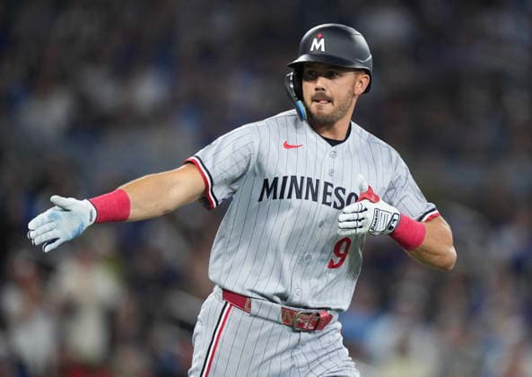 April 11, 2026, Toronto, On, CANADA: Minnesota Twins outfielder Trevor Larnach celebrates his three run home run against the Toronto Blue Jays during third inning American League MLB, Baseball Herren, USA baseball action in Toronto on Saturday, April 11, 2026. Canada News - April 11, 2026  - ZUMAc35_ 20260411_zaf_c35_080 Copyright: xNathanxDenettex