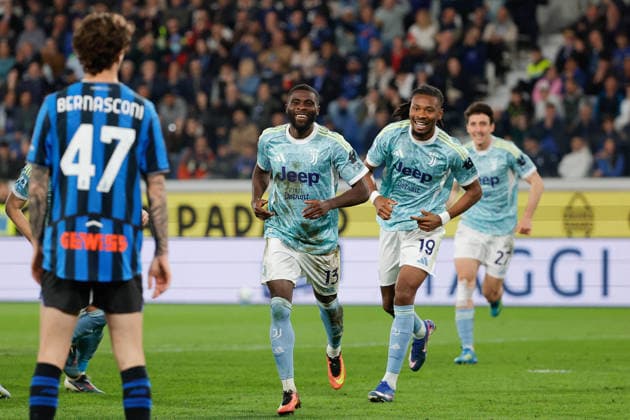 CALCIO - Serie A - Atalanta BC vs Juventus FC Jeremie Boga of FC Juventus celebrates after scoring goal in the 48th minute for 0-1 during the match of 2025-2026 Serie A football between Atalanta BC vs Juventus FC at the New Balance Arena Stadium on 11 April 2026 in Bergamo, BG. Bergamo Italy  Copyright: xIPAxSport ABACAx