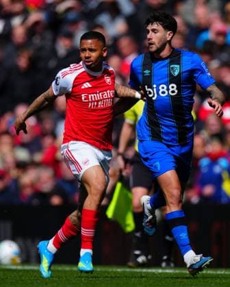Gabriel Jesus of Arsenal battles with Marcos Senesi of Bournemouth Arsenal v AFC Bournemouth, Premier League, Football, Emirates Stadium, London, UK - 11 Apr 2026London Emirates Stadium United Kingdom EDITORIAL USE ONLY No use with unauthorised audio, video, data, fixture lists, club league logos or live services. Online in-match use limited to 120 images, no video emulation. No use in betting, games or single club league player publications. Copyright: xJavierxGarcia Shutterstockx 16823522cp