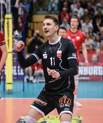 Volleyball 2. Bundesliga Saison 2025 2026 Playoff Halbfinal Hinspiel 11.04.2026 TV Rottenburg - FC Schuettorf 09 JUBEL, Robin Leber (TV Rottenburg) *** Volleyball 2 Bundesliga season 2025 2026 Playoff semi-final first leg 11 04 2026 TV Rottenburg FC Schuettorf 09 JUBEL, Robin Leber TV Rottenburg
