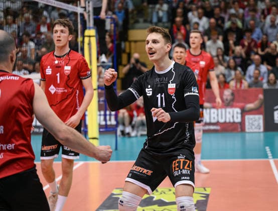 Volleyball 2. Bundesliga Saison 2025 2026 Playoff Halbfinal Hinspiel 11.04.2026 TV Rottenburg - FC Schuettorf 09 JUBEL, Robin Leber (TV Rottenburg) *** Volleyball 2 Bundesliga season 2025 2026 Playoff semi-final first leg 11 04 2026 TV Rottenburg FC Schuettorf 09 JUBEL, Robin Leber TV Rottenburg