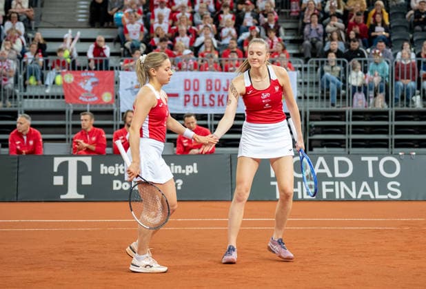 Poland v Ukraine - 2026 Billie Jean King Cup By Gainbridge Qualifiers: Day 2 Maja Chwalinska and Martyna Kubka of Poland compete in the Billie Jean King Cup Qualifiers, women s doubles tennis match against Ukraine at the PreZero Arena in Gliwice, Poland, on April 11, 2026. Gliwice Poland  Copyright: xMarcinxGolbax originalFilename:golba-polandvs260411_npEpn.jpg