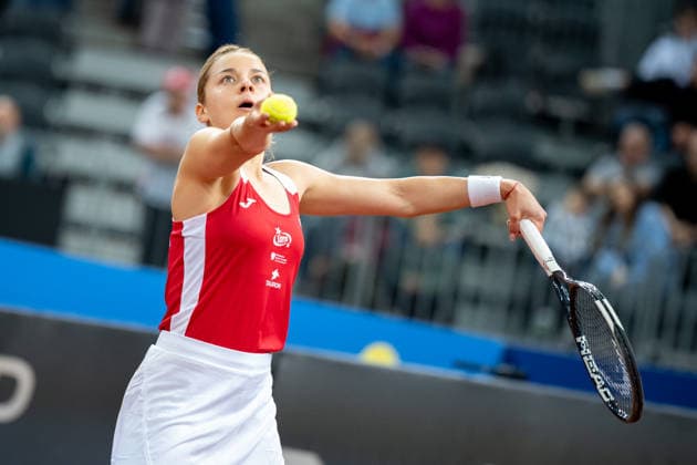 Poland v Ukraine - 2026 Billie Jean King Cup By Gainbridge Qualifiers: Day 2 Maja Chwalinska of Poland competes in the Billie Jean King Cup Qualifiers women s doubles tennis match against Ukraine at the PreZero Arena in Gliwice, Poland, on April 11, 2026. Gliwice Poland  Copyright: xMarcinxGolbax originalFilename:golba-polandvs260411_nptNR.jpg