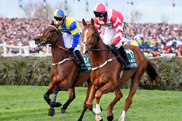 11.04.2026, Aintree, Liverpool, GBR - Answer to Kayf with John Shinnick (left) and Lecky Watson with Sean O Keeffe. Aintree racecourse. (Pferd, Jockey, Answer to Kayf, Shinnick, Lecky Watson, O Keeffe, Aufgalopp) 260411C953AINTREE.JPG *** 11 04 2026, Aintree, Liverpool, GBR Answer to Kayf with John Shinnick left and Lecky Watson with Sean O Keeffe Aintree racecourse Pferd, Jockey, Answer to Kayf, Shinnick, Lecky Watson, O Keeffe, Aufgalopp 260411C953AINTREE JPG
