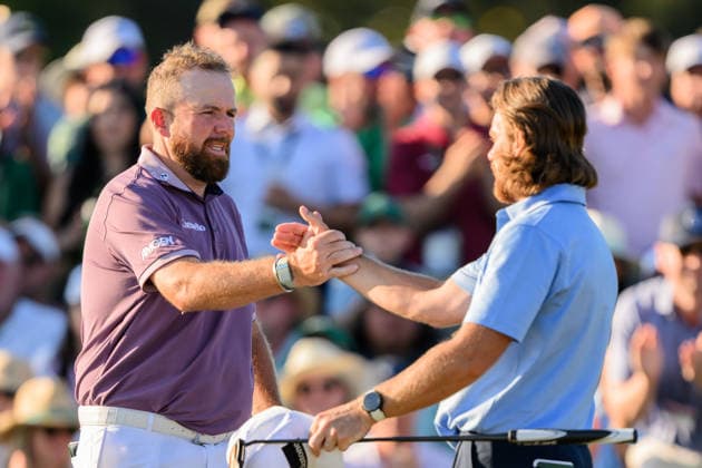 260411 Shane Lowry of Ireland and Tommy Fleetwood of England during the third round of the 2026 Masters Golf Tournament on April 11, 2026 in Augusta Photo Petter Arvidson BILDBYRAN kod PA PA1195 golf masters bbeng the masters augusta  Copyright: PETTERxARVIDSON BB260411PA152