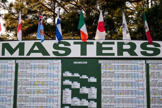 260411 General view of the scoreboard during the third round of the 2026 Masters Golf Tournament on April 11, 2026 in Augusta Photo Petter Arvidson BILDBYRAN kod PA PA1195 golf masters bbeng the masters augusta genre  Copyright: PETTERxARVIDSON BB260411PA181