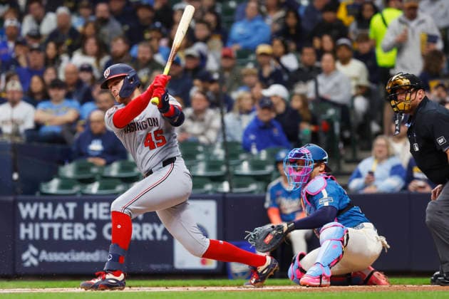 MILWAUKEE, WI - APRIL 11: Washington Nationals first baseman Curtis Mead (45) hits a line drive during a game between the Milwaukee Brewers and the Washington Nationals at American Family Field on April 11, 2026, in Milwaukee, WI. (Photo by Larry Radloff Icon Sportswire) MLB, Baseball Herren, USA APR 11 Nationals at Brewers EDITORIAL USE ONLY Icon2604110390