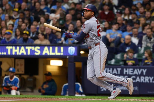 MILWAUKEE, WI - APRIL 11: Washington Nationals left fielder James Wood (29) doubles in two runs during a game between the Milwaukee Brewers and the Washington Nationals at American Family Field on April 11, 2026, in Milwaukee, WI. (Photo by Larry Radloff Icon Sportswire) MLB, Baseball Herren, USA APR 11 Nationals at Brewers EDITORIAL USE ONLY Icon2604111674