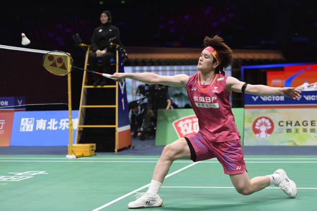 NINGBO, CHINA - APRIL 11: Wang Zhiyi of China competes in the Women s Singles Semifinal match against Akane Yamaguchi of Japan on day 5 of Badminton Asia Championships 2026 at Ningbo Olympic Sports Center on April 11, 2026 in Ningbo, Zhejiang Province of China.  Copyright: xVCGx 111634150393