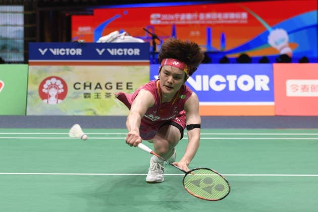 NINGBO, CHINA - APRIL 11: Wang Zhiyi of China competes in the Women s Singles Semifinal match against Akane Yamaguchi of Japan on day 5 of Badminton Asia Championships 2026 at Ningbo Olympic Sports Center on April 11, 2026 in Ningbo, Zhejiang Province of China.  Copyright: xVCGx 111634150397