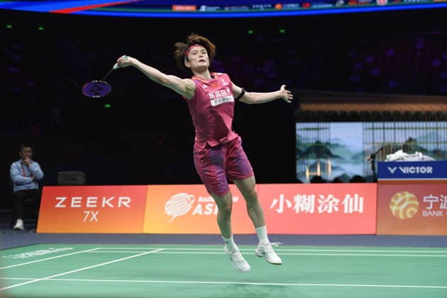 NINGBO, CHINA - APRIL 11: Wang Zhiyi of China competes in the Women s Singles Semifinal match against Akane Yamaguchi of Japan on day 5 of Badminton Asia Championships 2026 at Ningbo Olympic Sports Center on April 11, 2026 in Ningbo, Zhejiang Province of China.  Copyright: xVCGx 111634150382