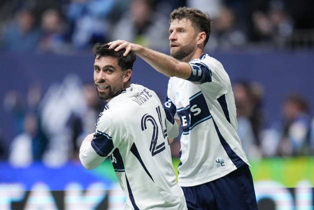 April 11, 2026, Vancouver, Bc, CANADA: Vancouver Whitecaps Brian White, front left, and Thomas Muller celebrate White s goal during the second half of an MLS, Fussball Herren, USA soccer match against New York City FC, in Vancouver, on Saturday, April 11, 2026. Canada News - April 11, 2026  - ZUMAc35_ 20260411_zaf_c35_143 Copyright: xDarrylxDyckx