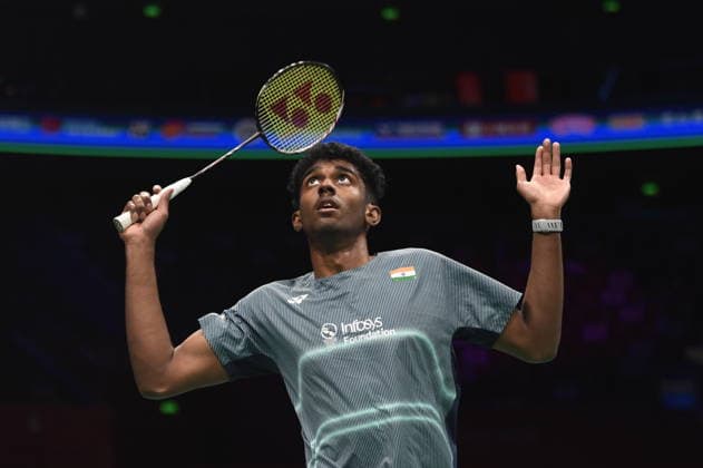NINGBO, CHINA - APRIL 11: Ayush Shetty of India reacts in the Men s Singles Semifinal match against Kunlavut Vitidsarn of Thailand on day 5 of Badminton Asia Championships 2026 at Ningbo Olympic Sports Center on April 11, 2026 in Ningbo, Zhejiang Province of China.  Copyright: xVCGx 111634118463