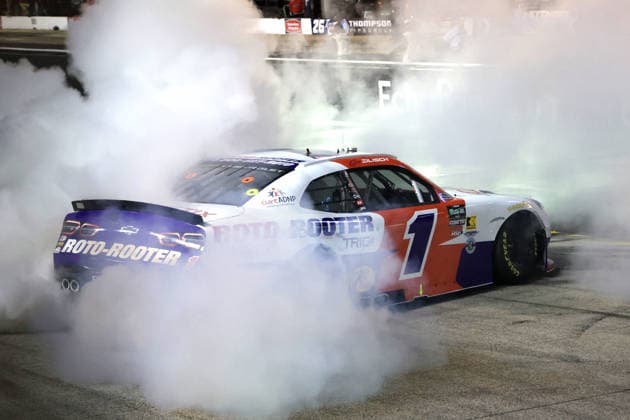 BRISTOL, TN - APRIL 11: Connor Zilisch ( 1 JR Motorsports Roto-Rooter Chevrolet) celebrates after winning the NASCAR, Motorsport, USA O Reilly Auto Parts Series Suburban Propane 300 on April 11, 2026 at Bristol Motor Speedway in Bristol, TN. (Photo by Jeff Robinson Icon Sportswire) AUTO: APR 11 NASCAR O™Reilly Auto Parts Series Suburban Propane 300 EDITORIAL USE ONLY Icon2604113101300