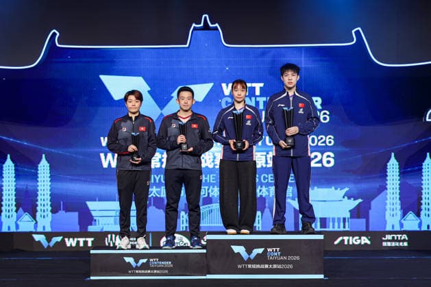 TAIYUAN, CHINA - APRIL 11: Champions Shi Xunyao and Huang Youzheng of China, runners-up Wong Chun-ting and Doo Hoi Kem of Chinese Hong Kong pose with trophies after the Mixed Doubles Final match on day 5 of WTT Contender Taiyuan 2026 at Taiyuan Binhe Sports Center on April 11, 2026 in Taiyuan, Shanxi Province of China.  Copyright: xVCGx 111634149876