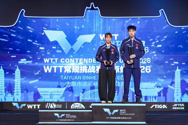 TAIYUAN, CHINA - APRIL 11: Champions Shi Xunyao and Huang Youzheng of China pose with trophies after winning the Mixed Doubles Final match against Wong Chun-ting and Doo Hoi Kem of Chinese Hong Kong on day 5 of WTT Contender Taiyuan 2026 at Taiyuan Binhe Sports Center on April 11, 2026 in Taiyuan, Shanxi Province of China.  Copyright: xVCGx 111634149879