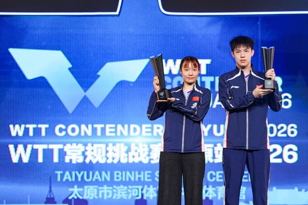 TAIYUAN, CHINA - APRIL 11: Champions Shi Xunyao and Huang Youzheng of China pose with trophies after winning the Mixed Doubles Final match against Wong Chun-ting and Doo Hoi Kem of Chinese Hong Kong on day 5 of WTT Contender Taiyuan 2026 at Taiyuan Binhe Sports Center on April 11, 2026 in Taiyuan, Shanxi Province of China.  Copyright: xVCGx 111634149882