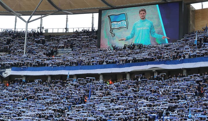 Herthafans Ostkurve Banner is covered Fankurve Sport Fußball Fußball DFL 2 Bundesliga Herren 29 Spieltag Saison 2025 2026 11 04 2026 Hertha BSC Berlin vs 1 FC Kaiserslautern FCK DFL regulations prohibit any use of photographs as image sequences and or quasi video