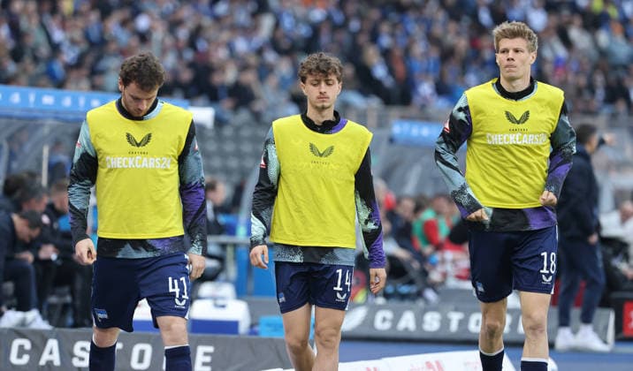 Pascal Klemens, Maurice Krattenmacher and Luca Schuler go to warm up Sport Football Soccer DFL 2 Bundesliga Men 29 Matchday Season 2025 2026 11 04 2026 Hertha BSC Berlin vs 1 FC Kaiserslautern FCK DFL regulations prohibit any use of photographs as image sequences and or quasi video