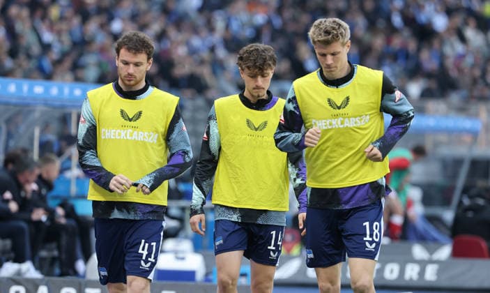 Pascal Klemens, Maurice Krattenmacher and Luca Schuler go to warm up Sport Football Soccer DFL 2 Bundesliga Men 29 Matchday Season 2025 2026 11 04 2026 Hertha BSC Berlin vs 1 FC Kaiserslautern FCK DFL regulations prohibit any use of photographs as image sequences and or quasi video