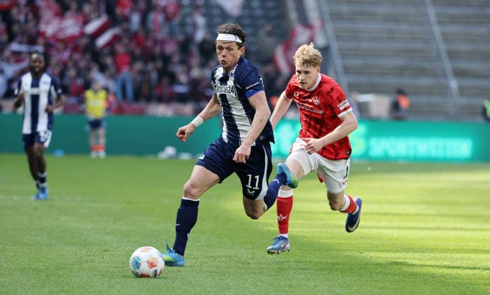 Fabian Reese on the ball, Mika Haas duel Match scene Action Sport Football Soccer DFL 2 Bundesliga Men 29 Matchday Season 2025 2026 11 04 2026 Hertha BSC Berlin vs 1 FC Kaiserslautern FCK DFL regulations prohibit any use of photographs as image sequences and or quasi video