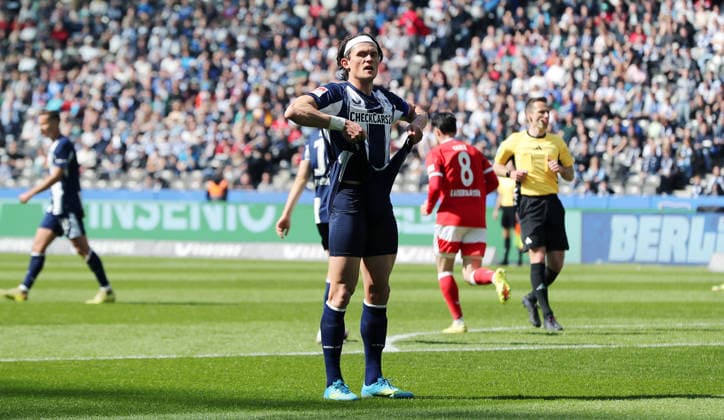 Fabian Reese disappointed after missed goal chance Disappointment Sports Football Soccer DFL 2 Bundesliga Men 29 Matchday Season 2025 2026 11 04 2026 Hertha BSC Berlin vs 1 FC Kaiserslautern FCK DFL regulations prohibit any use of photographs as image sequences and or quasi video