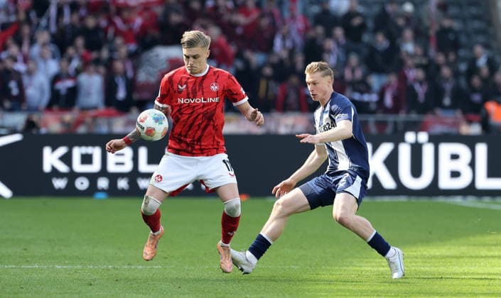 Norman Bassette on the ball, Julian Eitschberger duel Match scene Action Sport Football Soccer DFL 2 Bundesliga Men 29 Matchday Season 2025 2026 11 04 2026 Hertha BSC Berlin vs 1 FC Kaiserslautern FCK DFL regulations prohibit any use of photographs as image sequences and or quasi video