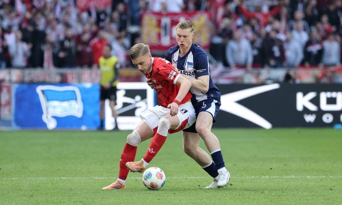 Norman Bassette on the ball, Julian Eitschberger duel Match scene Action Sport Football Soccer DFL 2 Bundesliga Men 29 Matchday Season 2025 2026 11 04 2026 Hertha BSC Berlin vs 1 FC Kaiserslautern FCK DFL regulations prohibit any use of photographs as image sequences and or quasi video