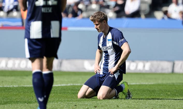 Luca Schuler disappointed after missed goal chance Disappointment Sport Football Soccer DFL 2 Bundesliga Men 29 Matchday Season 2025 2026 11 04 2026 Hertha BSC Berlin vs 1 FC Kaiserslautern FCK DFL regulations prohibit any use of photographs as image sequences and or quasi video