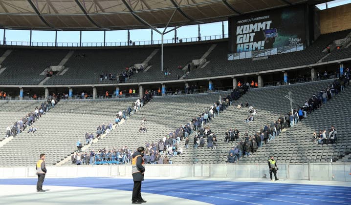 Hertha fans leave the Ostkurve Fankurve Stadion Sport Football Soccer DFL 2 Bundesliga Men 29 Matchday Season 2025 2026 11 04 2026 Hertha BSC Berlin vs 1 FC Kaiserslautern FCK DFL regulations prohibit any use of photographs as image sequences and or quasi video