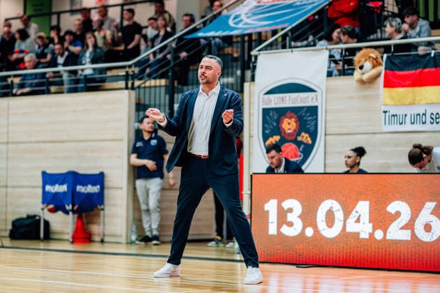BB 1BL Women Syntainics MBC Lions BC Pharmaserv Marburg Timur Topal GISA Lions MBC during the 2025 2026 season in the semi-final playoff in game 1 of 5 in the DBBL Toyota Bundesliga Syntainics MBC Lions and BC Pharmaserv Marburg at the SWH Arena on April 11, 2026 in Halle Saale, Sachsen Anhalt, Germany
