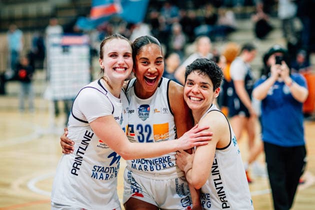 BB 1BL Women Syntainics MBC Lions BC Pharmaserv Marburg Greta Kampschroeder BC Pharmaserv Marburg , Lia Kentzler BC Pharmaserv Marburg , Ana Raimundo BC Pharmaserv Marburg during the 2025 2026 season in the semifinal playoff in game 1 of 5 in the DBBL Toyota Bundesliga Syntainics MBC Lions and BC Pharmaserv Marburg at SWH Arena on April 11, 2026 in Halle Saale, Sachsen Anhalt, Germany