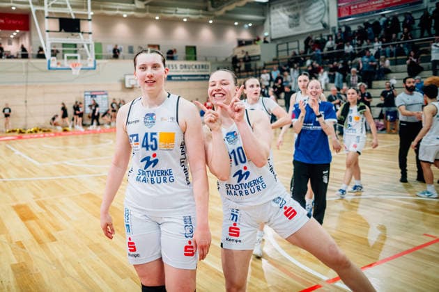 BB 1BL Women Syntainics MBC Lions BC Pharmaserv Marburg Allyson Fertig BC Pharmaserv Marburg , Lucy Michel BC Pharmaserv Marburg during the 2025 2026 season in the semi-final playoff in game 1 of 5 in the DBBL Toyota Bundesliga Syntainics MBC Lions and BC Pharmaserv Marburg at SWH Arena on April 11, 2026 in Halle Saale, Sachsen Anhalt, Germany