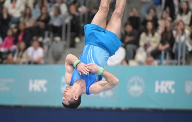FIG APPARATUS WORLD CUP 2026 (CRO),Finals Day 1 (MAG, WAG), Hall Gradski vrt , Osijek, Croatia, 11.04.2026 AHARAMKOU Yahor (AIN) during FIG APPARATUS WORLD CUP 2026 (CRO),Final Day 1, FLOOR (MAG), Hall Gradski vrt , Osijek, Croatia, 11.04.2026 *** FIG APPARATUS WORLD CUP 2026 CRO ,Finals Day 1 MAG, WAG , Hall Gradski vrt , Osijek, Croatia, 11 04 2026 AHARAMKOU Yahor AIN during FIG APPARATUS WORLD CUP 2026 CRO ,Final Day 1, FLOOR MAG , Hall Gradski vrt , Osijek, Croatia, 11 04 2026 Copyright: xBEAUTIFULxSPORTS Stanusicx