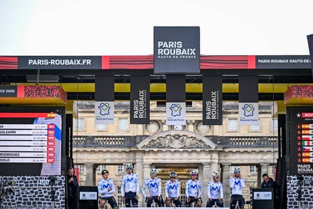 Movistar Team riders pictured on the podium before the men s Paris-Roubaix cycling race, Sunday 12 April 2026, around Roubaix, France. The 123rd edition of Paris-Roubaix cycling races will take on Sunday, with the women riding 143,1 km the men riding 258,3 km on Sunday. JASPERxJACOBS  x170543105x