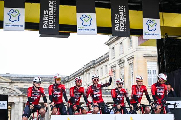 Paris - Roubaix Hauts-de-France 2026 Cycling Race ROUBAIX, FRANCE - APRIL 12 : Team Lotto Intermarche on stage before the start of the race during the 123rd edition of Paris - Roubaix Hauts-de-France an UCI World Tour 1.UWT one day cycling road race for Men Elite of 258 km with start in Compiegne and finish in Roubaix on April 12, 2026 in Roubaix, France, 12 04 2026 ( Motordriver Kenny Verfaillie - Roubaix France  Copyright: xVincentxKalutx