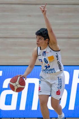 Toyota DBBL 2025 2026 Syntainics MBC vs BC Marburg Blue Dolphins Playoff Semifinal, Game 1 Halle Saale, Germany April 11, 2026 In the picture Ana Raimundo Marburg gestures, gestures, gestures, Halle Saale swh Arena Sachsen Anhalt Germany