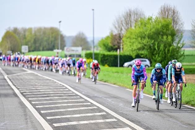 The pack of riders pictured in action during the men s Paris-Roubaix cycling race, Sunday 12 April 2026, around Roubaix, France. The 123rd edition of Paris-Roubaix cycling races will take on Sunday, with the women riding 143,1 km the men riding 258,3 km on Sunday. DIRKxWAEM  x170546471x