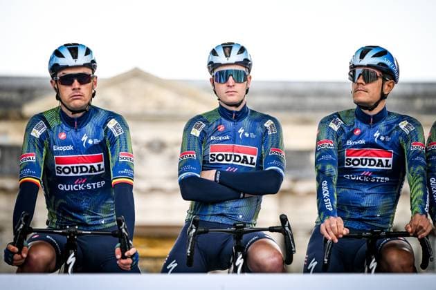 Belgian Yves Lampaert of Soudal Quick-Step, Belgian Tim Merlier of Soudal Quick-Step and Belgian Jasper Stuyven of Soudal Quick-Step pictured at the start of the men s Paris-Roubaix cycling race, Sunday 12 April 2026, around Roubaix, France. The 123rd edition of Paris-Roubaix cycling races will take on Sunday, with the women riding 143,1 km the men riding 258,3 km on Sunday. ELIASxROM  x170546970x