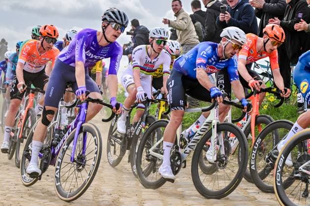 Slovenian Tadej Pogacar of UAE Team Emirates-XRG pictured in action during the men s Paris-Roubaix cycling race, Sunday 12 April 2026, around Roubaix, France. The 123rd edition of Paris-Roubaix cycling races will take on Sunday, with the women riding 143,1 km the men riding 258,3 km on Sunday. DIRKxWAEM  x170551267x