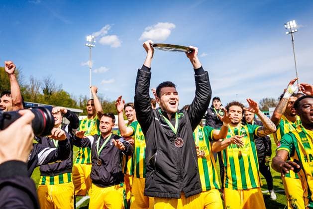 DORDRECHT , 12-04-2026 , M-Scores Stadium , Season 2025 2026 , Dutch Keuken Kampioen Divisie football , match between FC Dordrecht and ADO Den Haag , picture show ado champion Dordrecht - ADO  x202996339x Copyright: