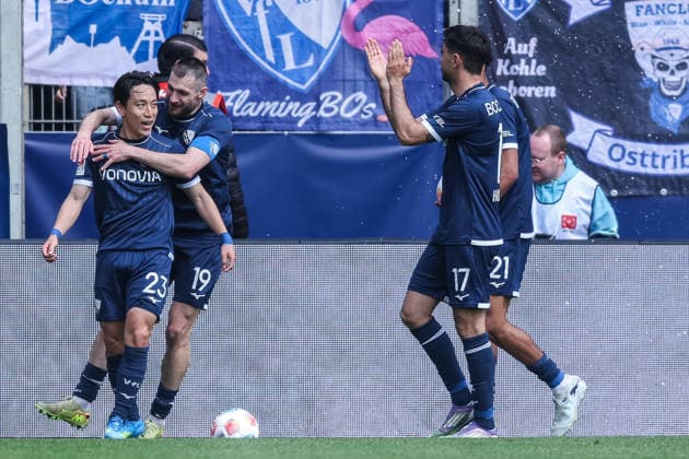 Soccer 2 Bundesliga 29 Matchday VfL Bochum Eintracht Braunschweig on 12 04 2026 at Vonovia Ruhrstadion in Bochum Goal celebration to 2 0 by Koji Miyoshi Bochum DFL regulations prohibit any use of photographs as image sequences and or quasi video xJRx