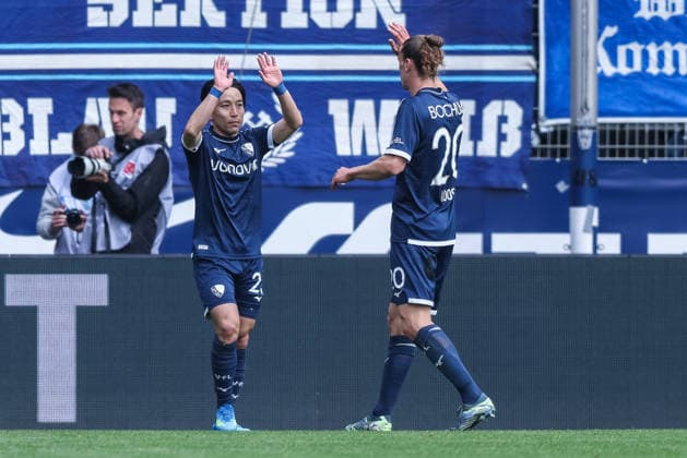 Soccer 2 Bundesliga 29 Matchday VfL Bochum Eintracht Braunschweig on 12 04 2026 at Vonovia Ruhrstadion in Bochum Goal celebration to 2 0 by Koji Miyoshi Bochum DFL regulations prohibit any use of photographs as image sequences and or quasi video xJRx
