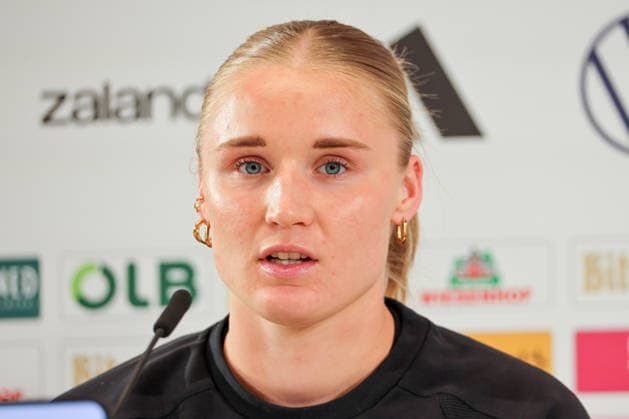 Herzogenaurach, Germany, April 12, 2026 International match preparations for the Womens World Cup qualifier against Austria Press conference in Herzogenaurach Pictured Copyright: HMBxMedia MadeleinexFantini