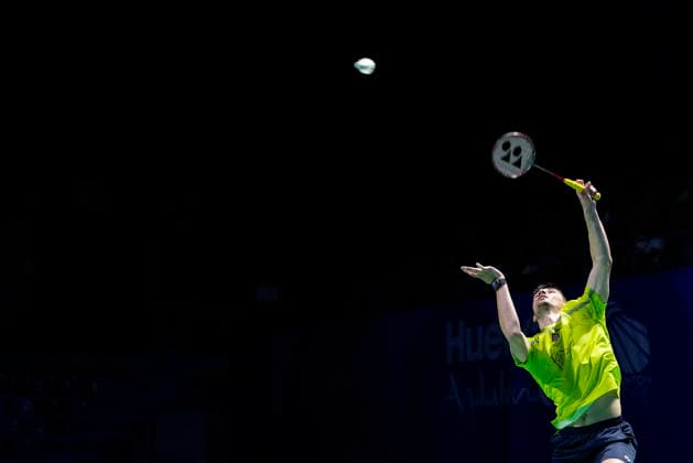 April 12, 2026, Huelva, Huelva, SPAIN: Christo Popov of France in action against Ander Antonsen of Denmark during the 2026 European Badminton Championships Finals the men s singles badminton match at Carolina Marin Pavilion on April 12, 2026, in Huelva, Spain. Huelva SPAIN - ZUMAa181 20260412_zaa_a181_048 Copyright: xJoaquinxCorcherox