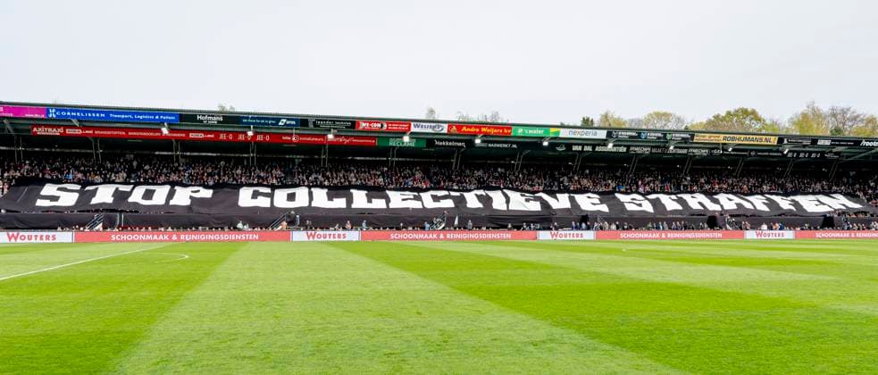 NIJMEGEN Banner with Stop collective punishments during the Dutch Vriendenloterij Eredivisie match between NEC and Feyenoord at De Goffert stadium on April 12, 2026 in Nijmegen, the Netherlands Photo by DeFodi Images