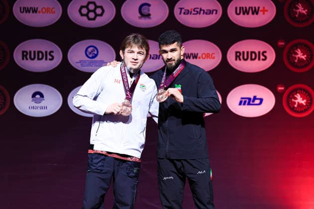 Senior Wrestling Asian Championships Podium 74kg FS Bronze Mustafo Akhmedov TJK , Amirmohammad Babak Yazdanicherati IRI