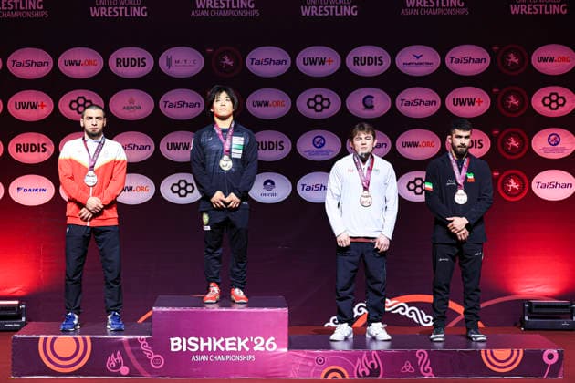 Senior Wrestling Asian Championships Podium 74kg FS Gold Yoshinosuke Aoyagi JPN , Silver Magomedrasul Asluev BRN , Bronze Mustafo Akhmedov TJK , Amirmohammad Babak Yazdanicherati IRI