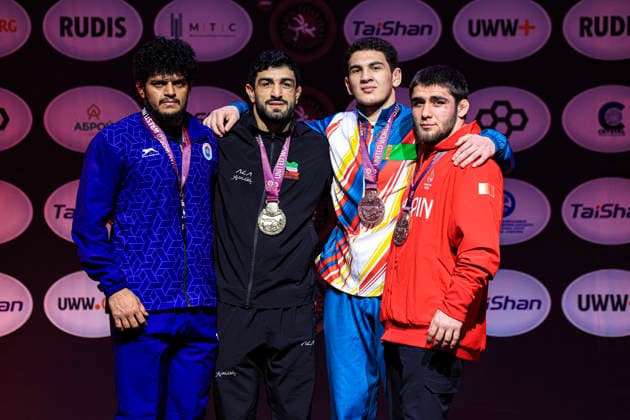 Senior Wrestling Asian Championships Podium 86kg FS Gold Kamran Ghorban Ghasempour IRI , Silver Mukul Dahiya IND , Bronze Alp Arslan Begenjov TKM , Khidir Kurban A Saipudinov BRN